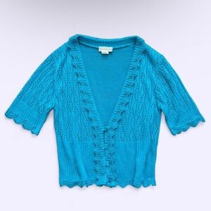 Vintage 90s Blue Open Knit Cardigan Deep V Neck Made in USA L